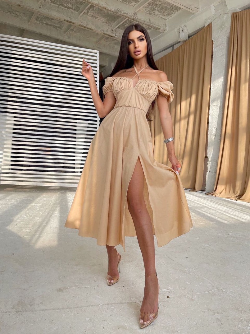 Платье-миди из хлопка  с завязками на груди  Платье-миди из хлопка  с завязками на груди  | PUSHKA SHOP