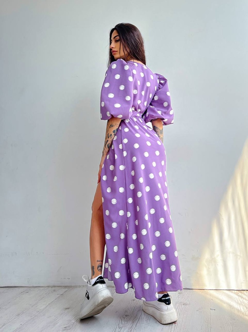 Платье миди в горох с запахом и объемными рукавами  | PUSHKA SHOP