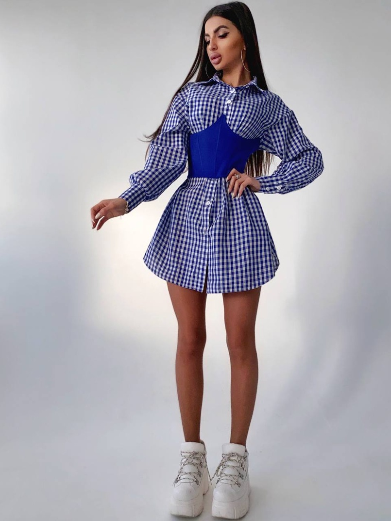 Платье-рубашка в клетку с корсетом на косточках со шнуровкой Платье-рубашка в клетку с корсетом на косточках со шнуровкой | PUSHKA SHOP