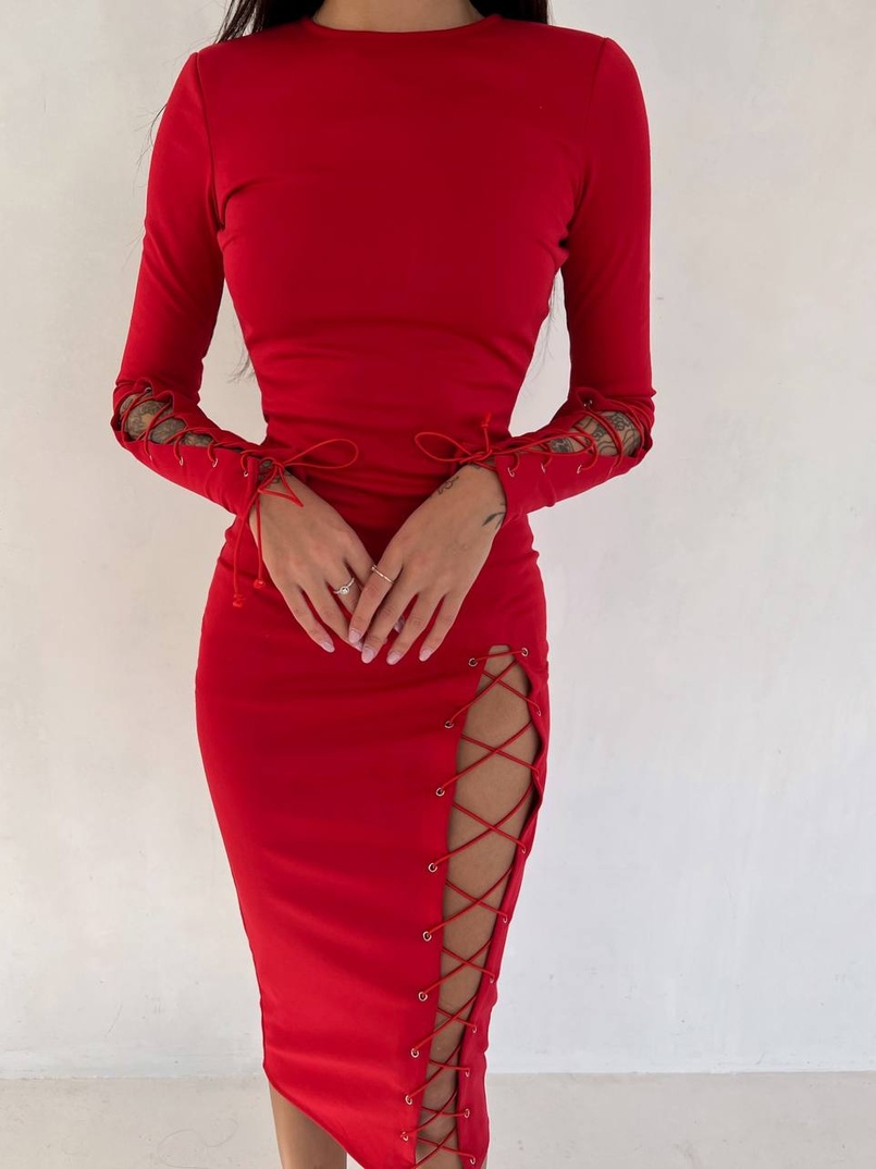 Сукня міді зі шнурівкою на ніжці та на рукавах | PUSHKA SHOP