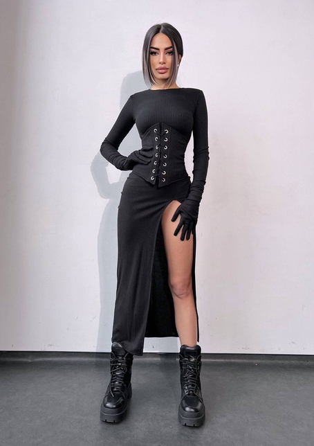 Комплект: трикотажне плаття- міді + корсет + рукавички | PUSHKA SHOP