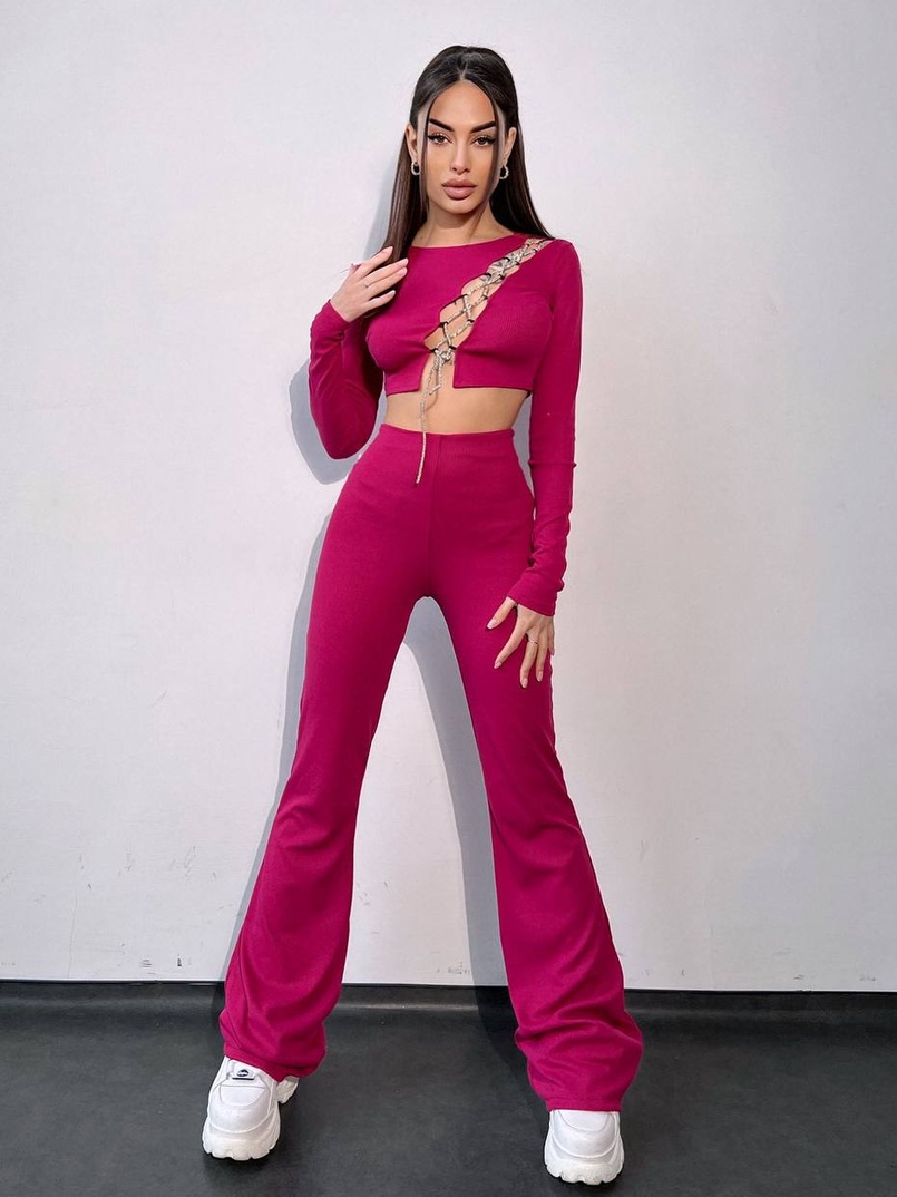 Комплект : штани кльош і топ декорований шнурком зі стразами  | PUSHKA SHOP