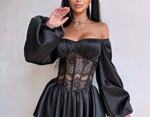 Атласна сукня з обʼємними рукавами та мереживом | PUSHKA SHOP