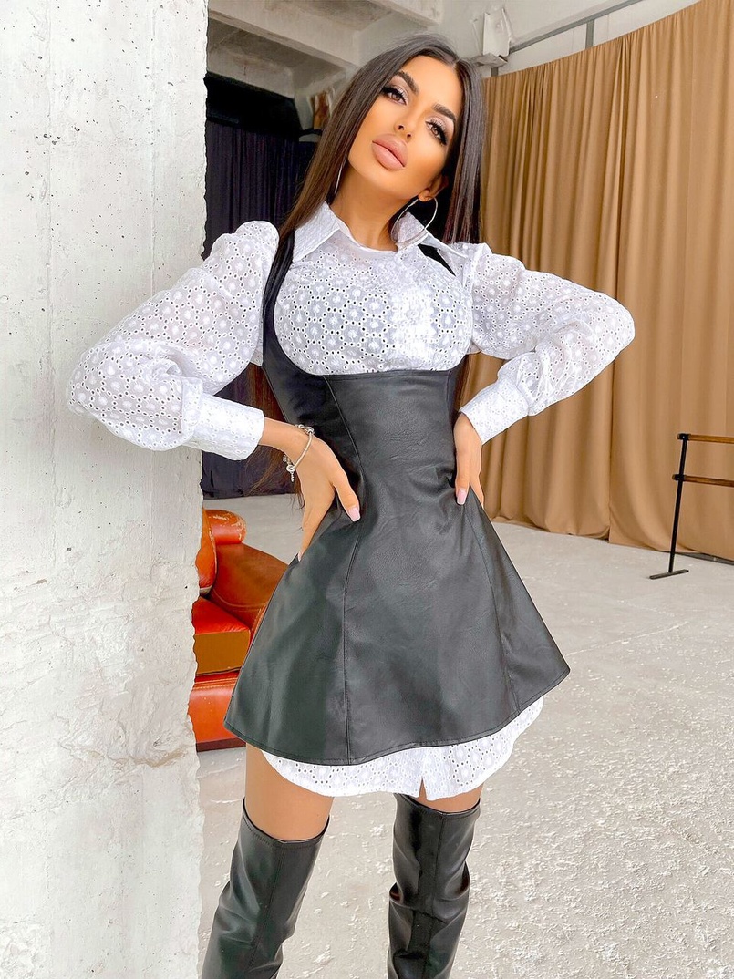 Платье-рубашка из прошвы в комплекте с сарафаном из эко-кожи    | PUSHKA SHOP