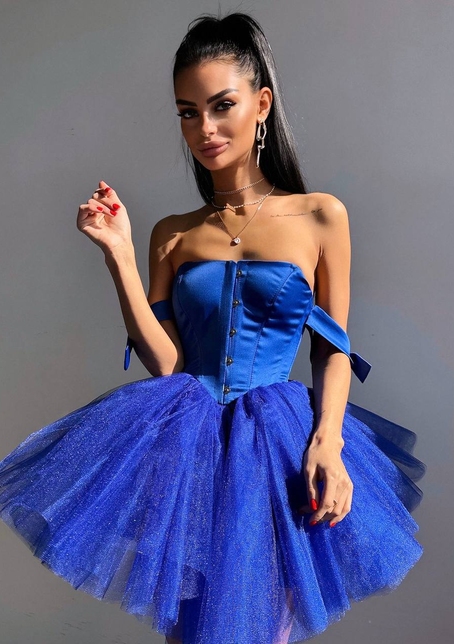 Атласна корсетна сукня міні з гачками та пишною фатиновою спідницею  | PUSHKA SHOP