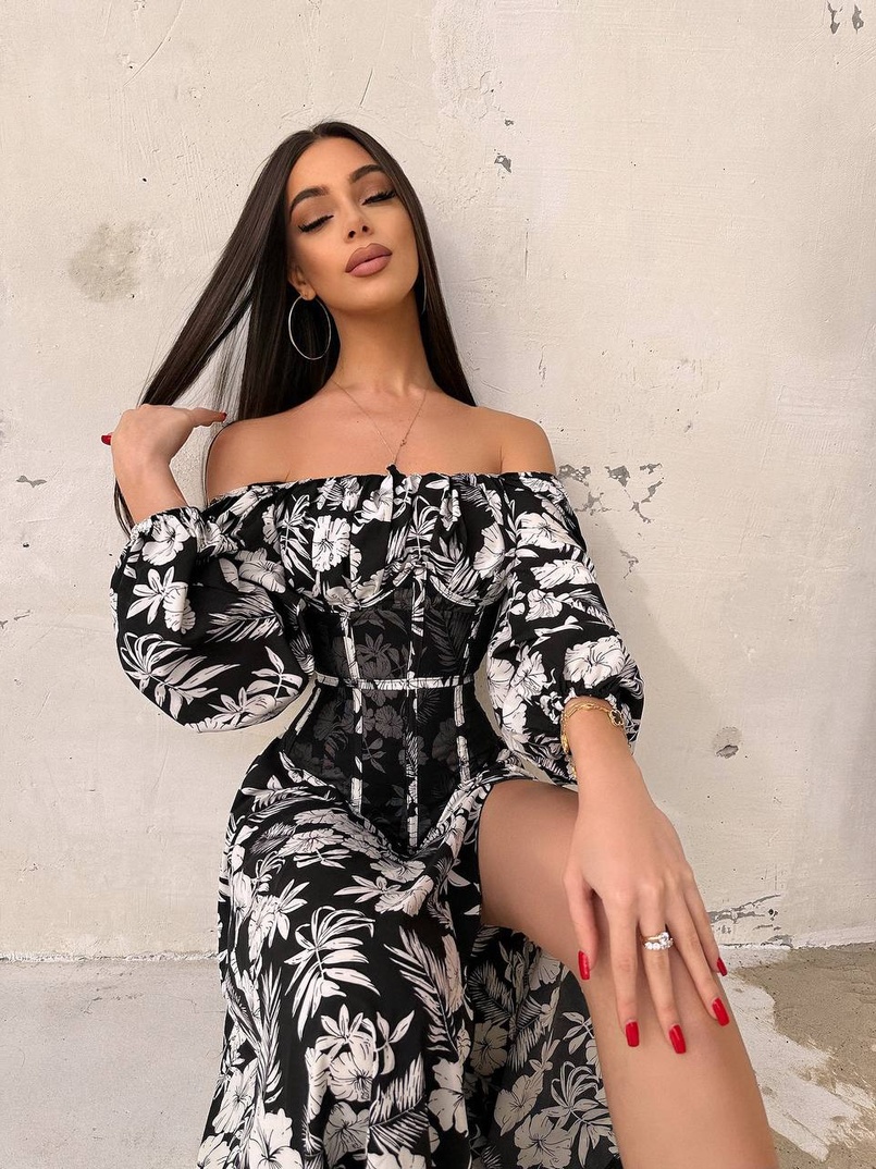 Сукня міді з розрізом в квітковий принт + прозорий корсет  | PUSHKA SHOP