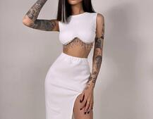 Комплект: топ з бахромою зі страз та спідниця з розрізом  | PUSHKA SHOP