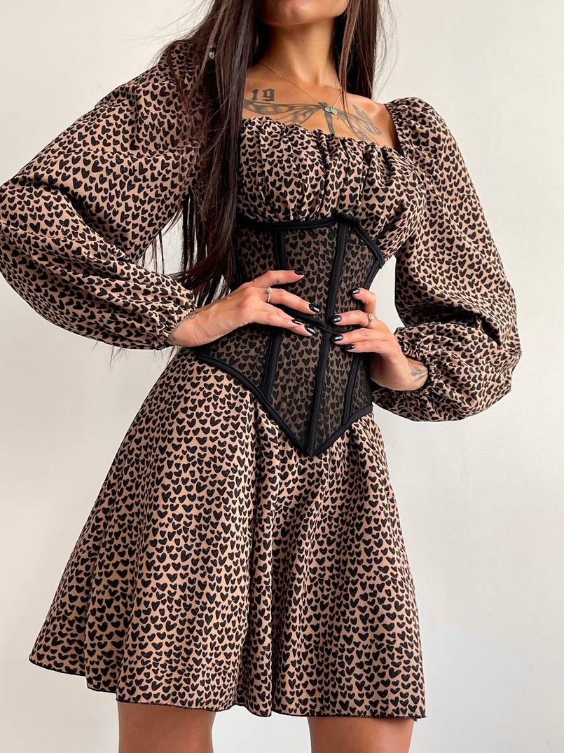 Приталена сукня з принтом  + прозорий корсет Приталена сукня з принтом  + прозорий корсет | PUSHKA SHOP