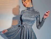 Блискуча сукня з розкльошеною спідницею та високим коміром | PUSHKA SHOP