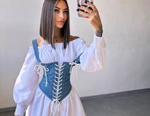 Приталена сукня-сорочка на плічках  з джинсовим корсетом на шнурівці  | PUSHKA SHOP