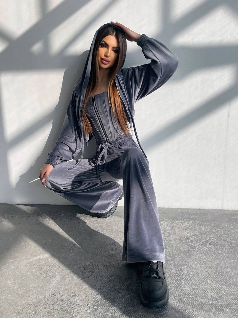 Велюровий комплект трійка: кофта + корсет на блискавці+ штани | PUSHKA SHOP