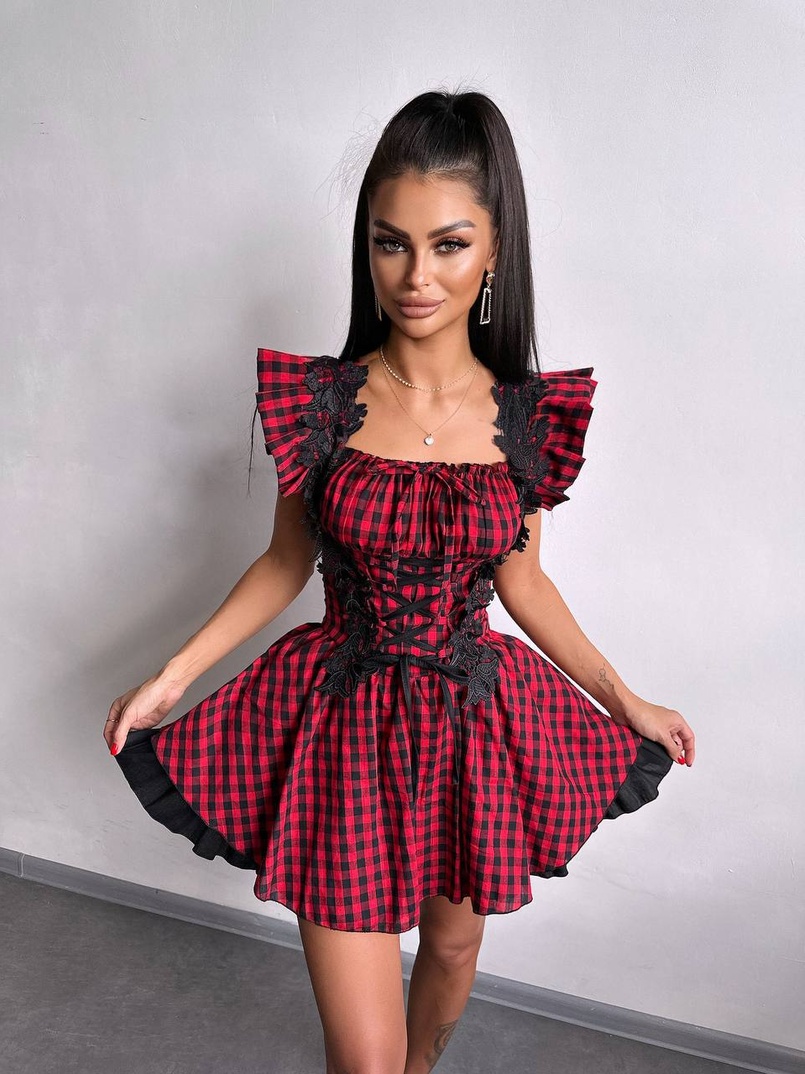 Сукня в клітинку декорована мереживом  | PUSHKA SHOP