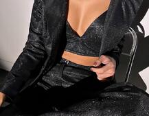 Костюм: піджак на підкладці, штани кльош+ топ з чашечками Костюм: піджак на підкладці, штани кльош+ топ з чашечками | PUSHKA SHOP