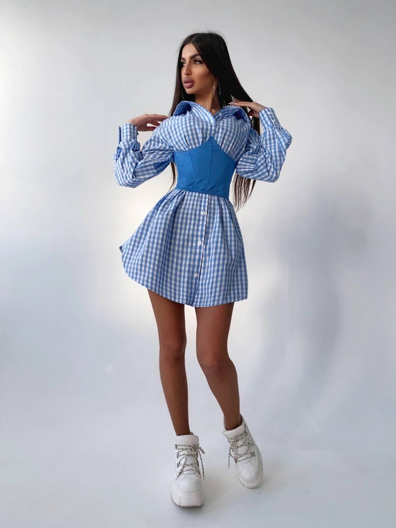 Платье-рубашка в клетку с корсетом на косточках со шнуровкой | PUSHKA SHOP