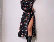 Квіткова сукня-міді зі шнурівкою на спинці та розрізом на ніжці | PUSHKA SHOP