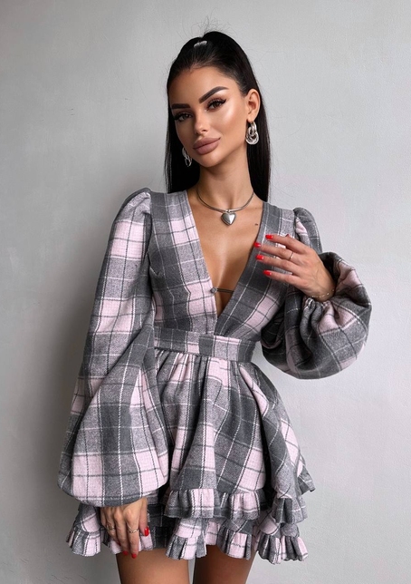 Сукня з подвійною спідницею та обʼємними рукавами у клітинку  | PUSHKA SHOP