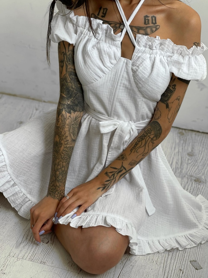 Муслиновое платье мини с корсетной вставкой на талии с косточками  Муслиновое платье мини с корсетной вставкой на талии с косточками  | PUSHKA SHOP