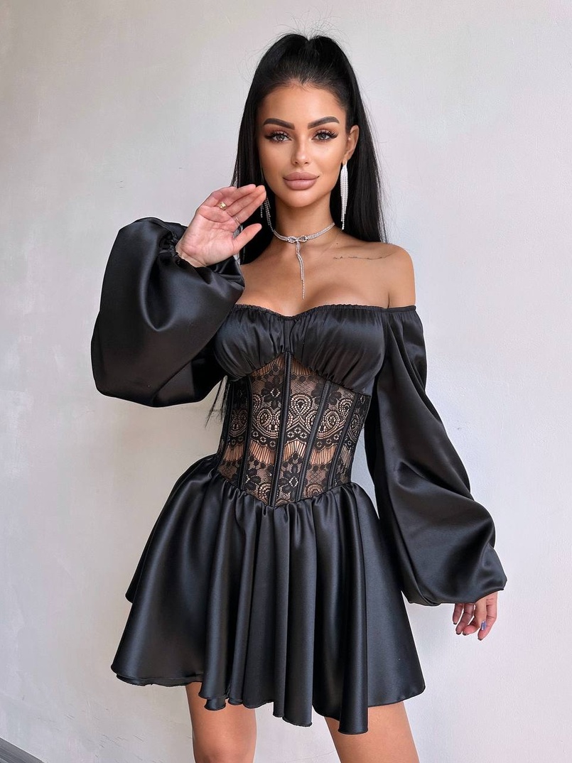 Атласна сукня з обʼємними рукавами та мереживом | PUSHKA SHOP