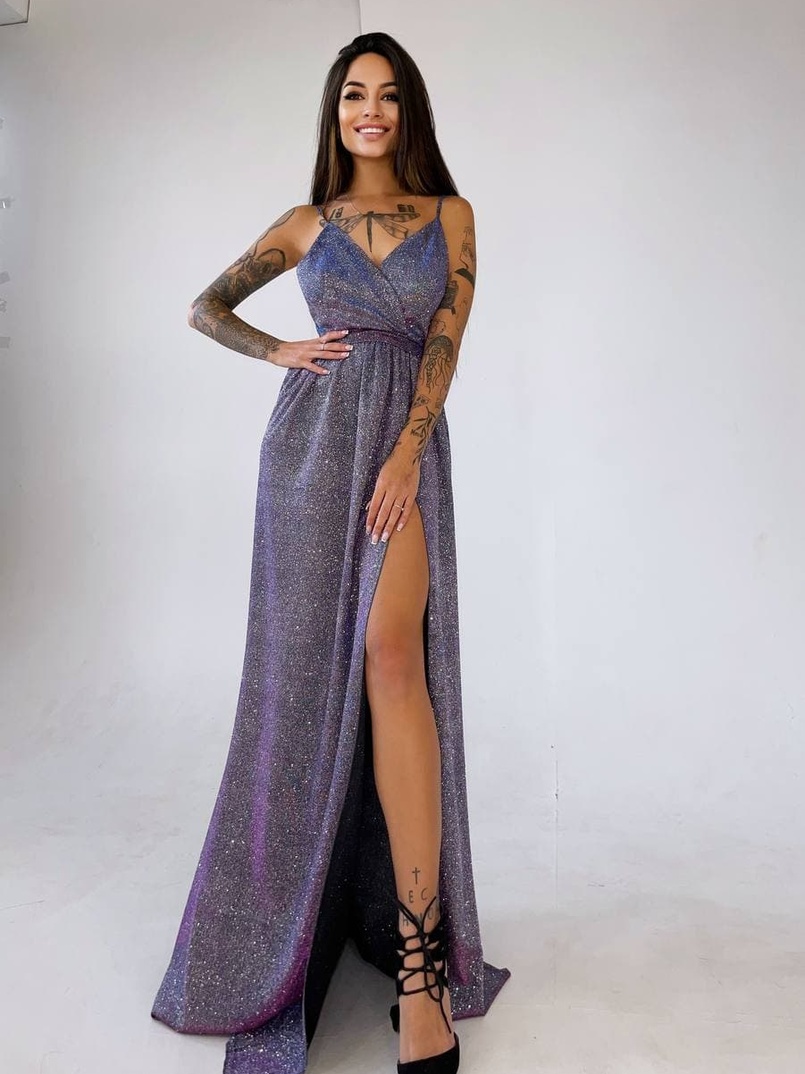 Блестящее платье-макси с разрезом   | PUSHKA SHOP