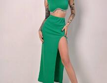 Комплект: топ з бахромою зі страз та спідниця з розрізом Комплект: топ з бахромою зі страз та спідниця з розрізом | PUSHKA SHOP