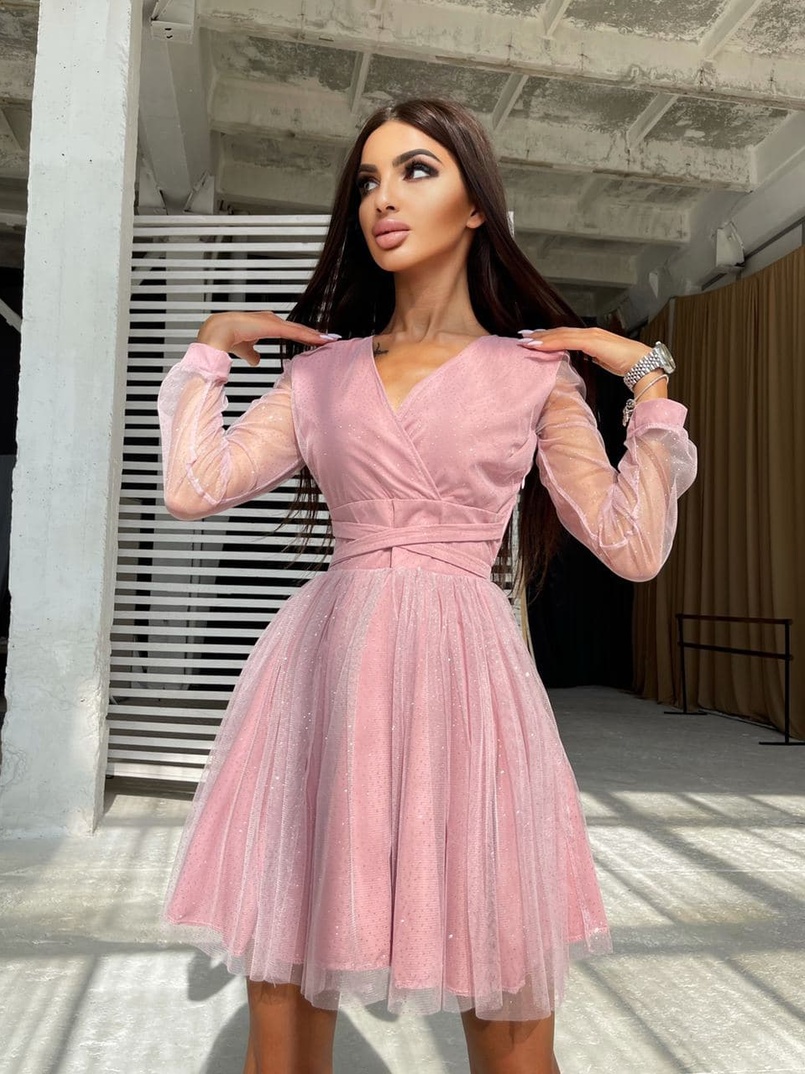 Блестящее платье-мини с пышной юбкой и завязками на талии Блестящее платье-мини с пышной юбкой и завязками на талии | PUSHKA SHOP