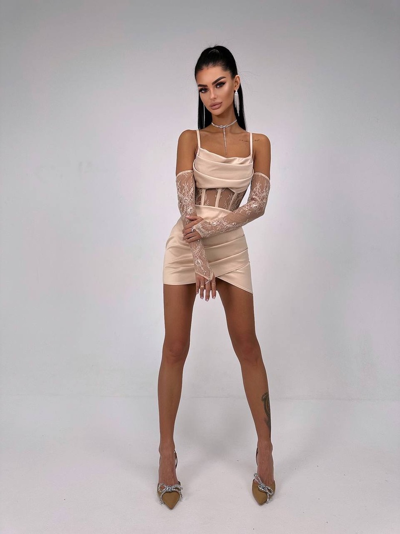 Комплект: корсет, декорований мереживом   + рукавички+ спідниця міні з драпіруванням   | PUSHKA SHOP