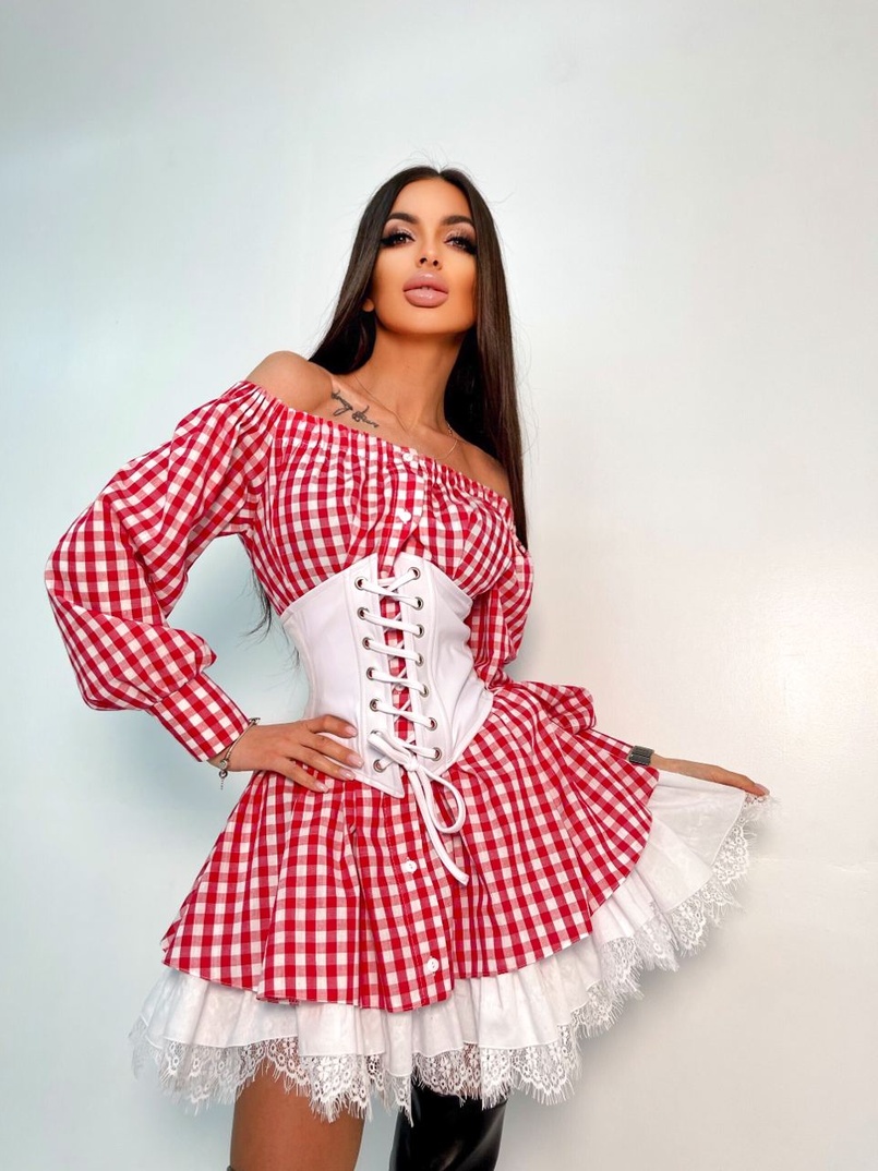 Хлопковое платье в клетку с подъюбником и корсетом из эко-кожи Хлопковое платье в клетку с подъюбником и корсетом из эко-кожи | PUSHKA SHOP