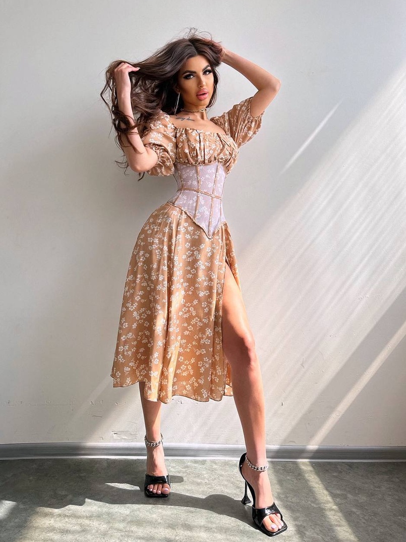 Сукня міді з розрізом в квітковий принт + прозорий корсет  | PUSHKA SHOP