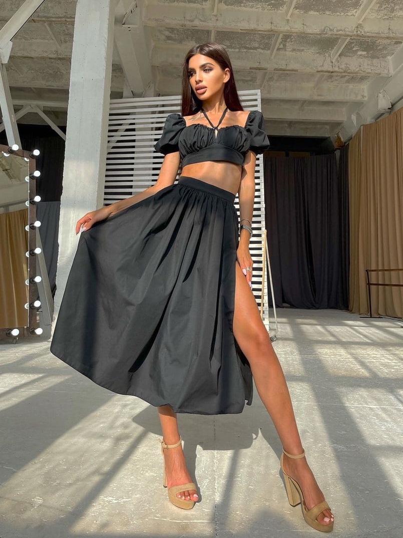 Комплект из хлопка: топ с завязками на груди + юбка-миди с разрезом  | PUSHKA SHOP