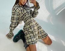 Кашемировое приталенное платье-рубашка в клетку | PUSHKA SHOP