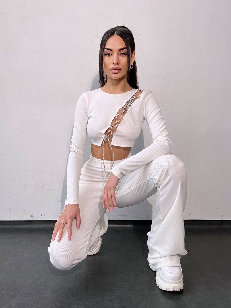 Комплект : штани кльош і топ декорований шнурком зі стразами  | PUSHKA SHOP