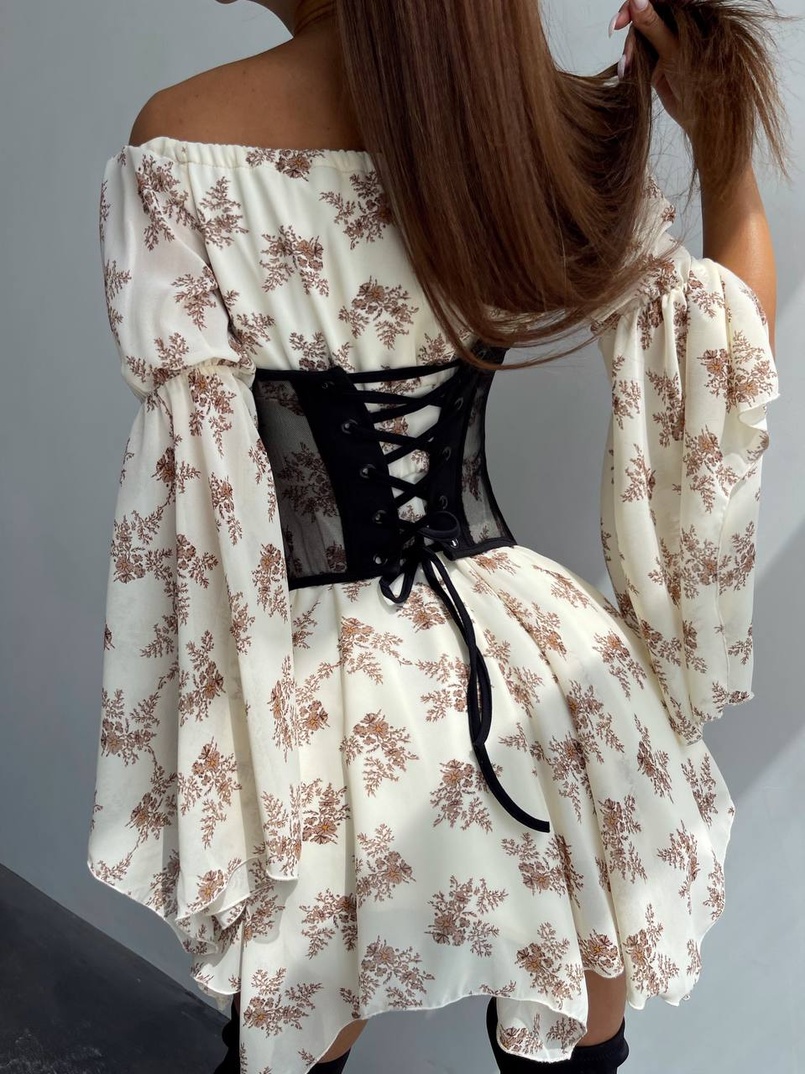 Шифонова сукня на підкладці з розкльошеними рукавами з асиметричною спідницею + корсет декорований стразами  | PUSHKA SHOP