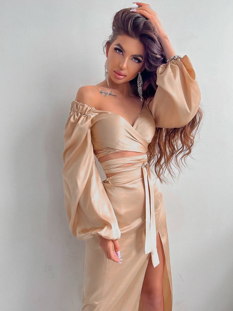 Шелковый комплект: топ с завязками на талии + юбка миди с разрезом  | PUSHKA SHOP