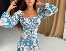 Цветочное платье с объемными рукавами и корсетом  | PUSHKA SHOP