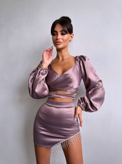 Атласний комплект, декорований бахромою зі страз | PUSHKA SHOP