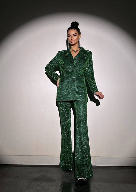 Костюм: піджак на підкладці, штани кльош+ топ з чашечками | PUSHKA SHOP