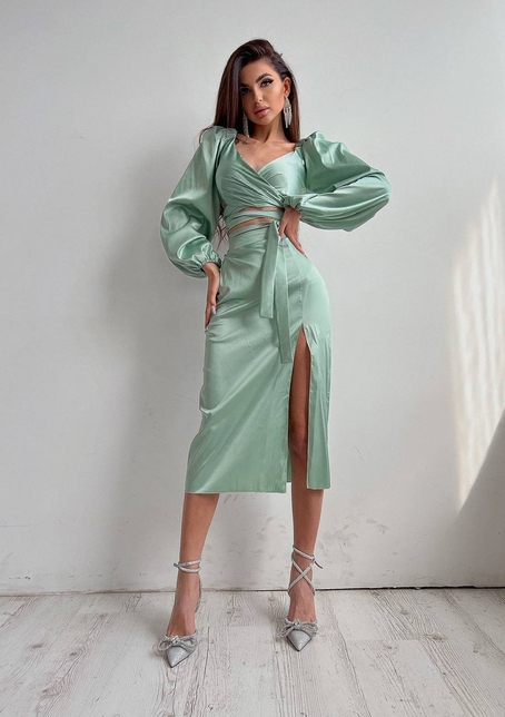 Шелковый комплект: топ с завязками на талии + юбка миди с разрезом  | PUSHKA SHOP