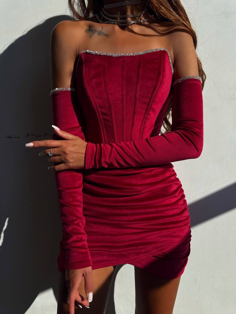 Оксамитова корсетна сукня міні, декорована стразами     Ручна робота  Оксамитова корсетна сукня міні, декорована стразами     Ручна робота  | PUSHKA SHOP