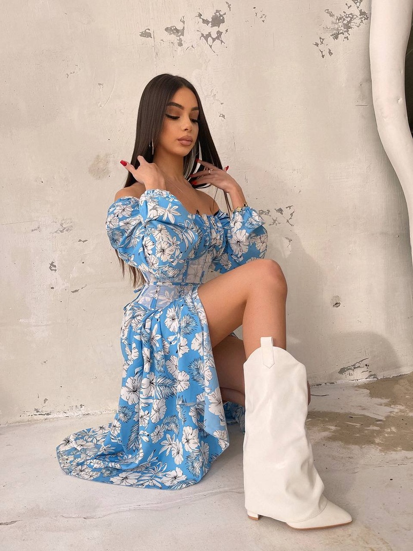 Сукня міді з розрізом в квітковий принт + прозорий корсет Сукня міді з розрізом в квітковий принт + прозорий корсет | PUSHKA SHOP