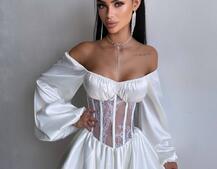 Атласна сукня з обʼємними рукавами та мереживом | PUSHKA SHOP