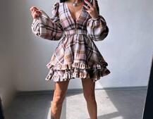 Сукня з подвійною спідницею та обʼємними рукавами у клітинку  | PUSHKA SHOP