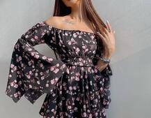 Платье  ассиметричного кроя с расклешенными рукавами + корсет декорированный стразами  | PUSHKA SHOP