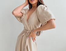 Льняное платье-миди с запахом и объемными рукавами  | PUSHKA SHOP