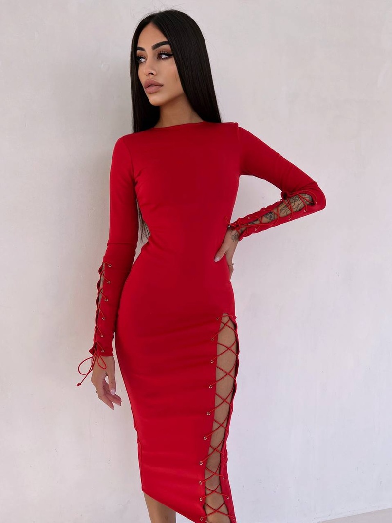 Сукня міді зі шнурівкою на ніжці та на рукавах | PUSHKA SHOP
