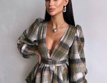 Сукня з подвійною спідницею та обʼємними рукавами у клітинку Сукня з подвійною спідницею та обʼємними рукавами у клітинку | PUSHKA SHOP