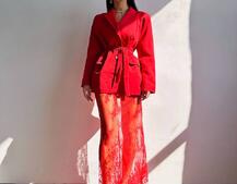 Комплект: піджак + блуза з баской + мереживна спідниця-шорти  | PUSHKA SHOP