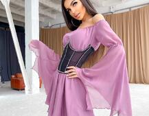 Шифоновое платье ассиметричного кроя с расклешенными рукавами + корсет декорированный стразами  | PUSHKA SHOP