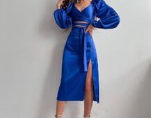 Шелковый комплект: топ с завязками на талии + юбка миди с разрезом  | PUSHKA SHOP