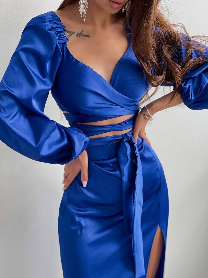 Шелковый комплект: топ с завязками на талии + юбка миди с разрезом  | PUSHKA SHOP