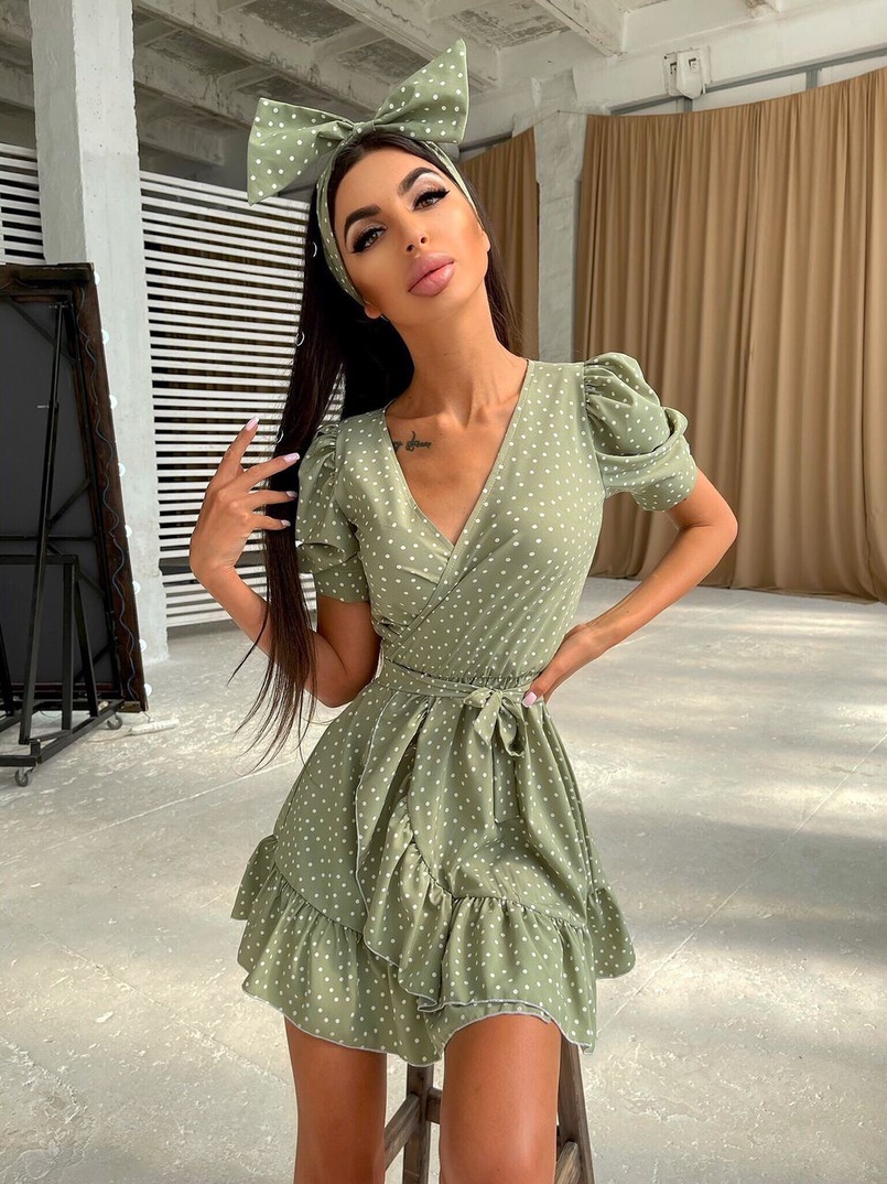 Милое платье в горошек с оборками + повязка на голову с бантом Милое платье в горошек с оборками + повязка на голову с бантом | PUSHKA SHOP